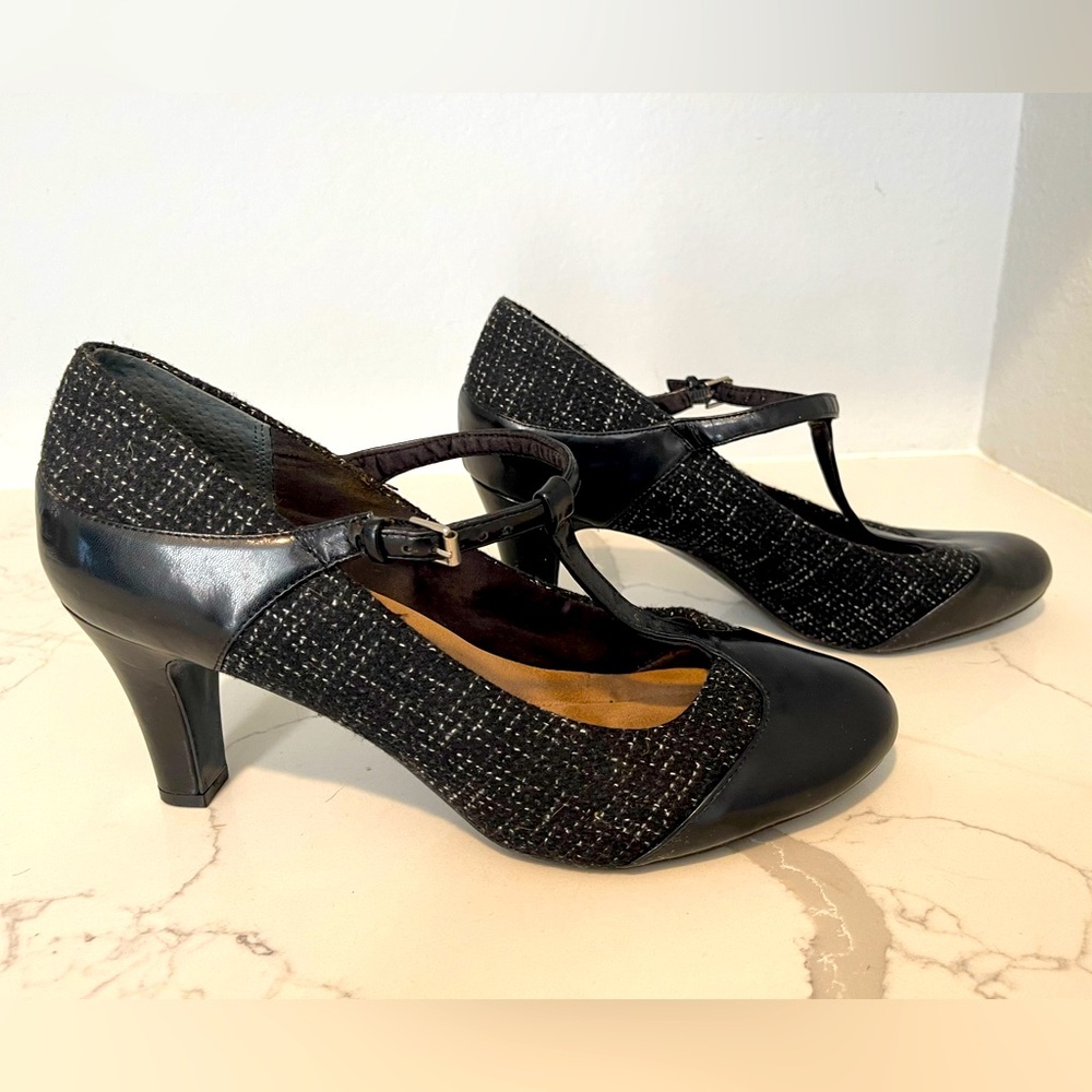 Giani Bernini Black Leather & Fabric Mary Jane’s, sz 12W
